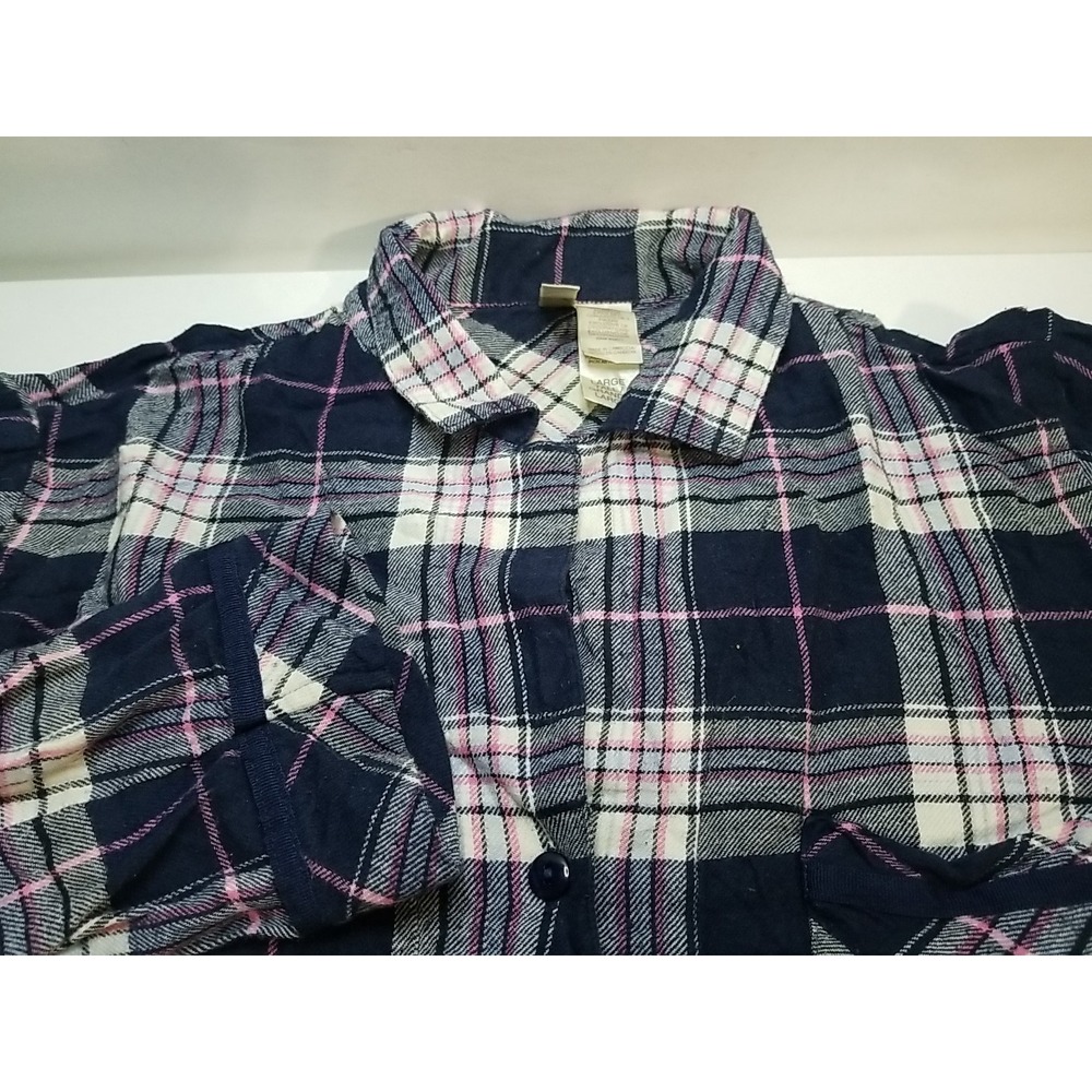 Ambrielle Womens Large Tall Flannel Plaid Shirt Navy Pink Button Up